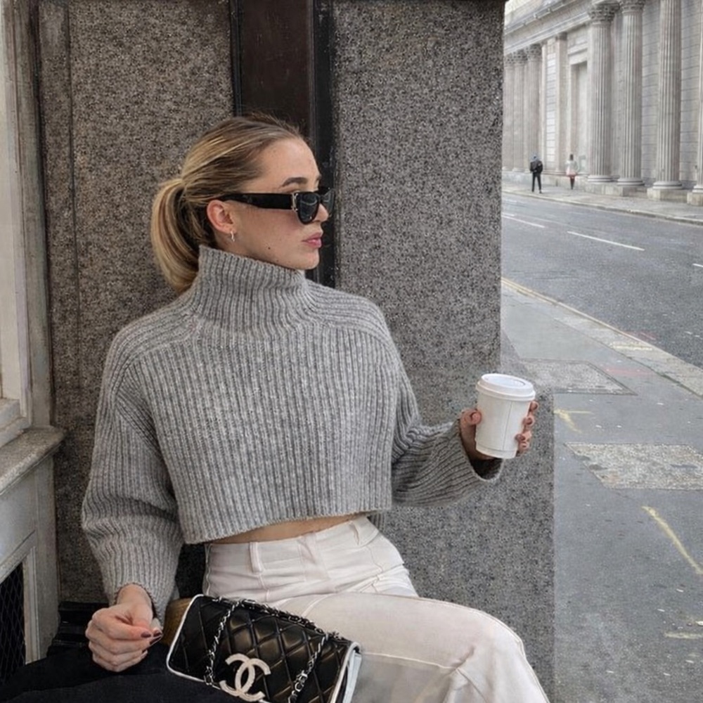 H&M Gray Ribbed Cropped Turtleneck Sweater Chunky Knit Size L Minimalist